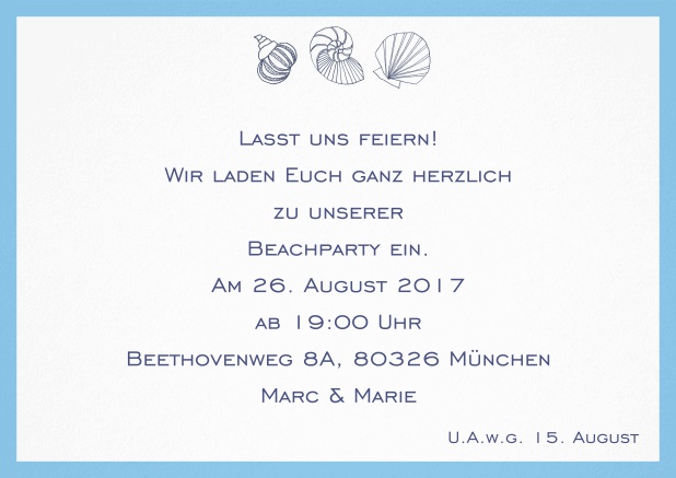 Sommer Einladungskarte mit Muscheln, perfekt für Strandparties. Blau.