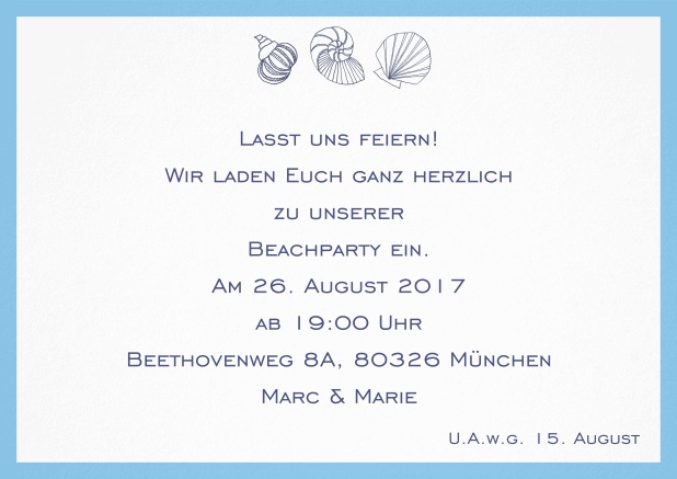 Sommer Einladungskarte mit Muscheln, perfekt für Strandparties.