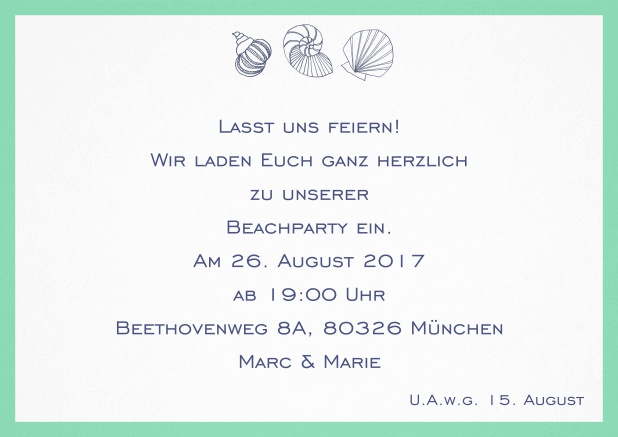 Sommer Einladungskarte mit Muscheln, perfekt für Strandparties. Grün.