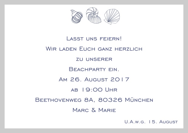 Online Sommer Einladungskarte mit Muscheln, perfekt für Strandparties. Grau.