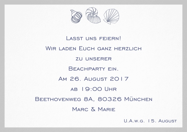 Sommer Einladungskarte mit Muscheln, perfekt für Strandparties. Grau.