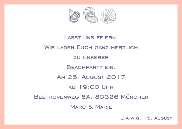 Online Sommer Einladungskarte mit Muscheln, perfekt für Strandparties. Rosa.