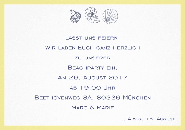 Sommer Einladungskarte mit Muscheln, perfekt für Strandparties. Gelb.