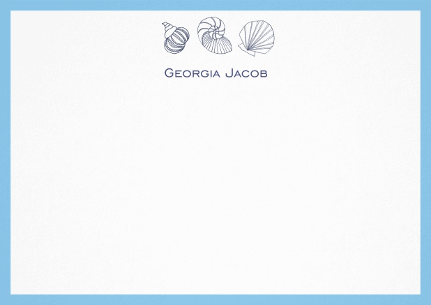 Anpassbare Briefkarte mit illustrierten Muscheln und Rahmen in verschiedenen Farben. Blau.