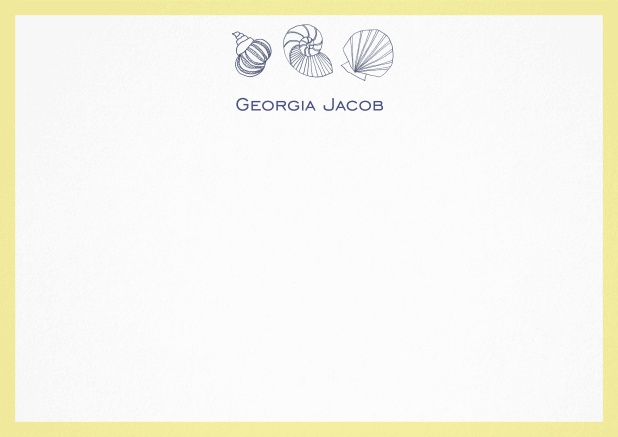 Anpassbare Briefkarte mit illustrierten Muscheln und Rahmen in verschiedenen Farben. Gelb.