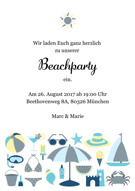 Online Einladungskarte zur Strandparty mit Sonne und lustigen Strandutensilien. Grau.