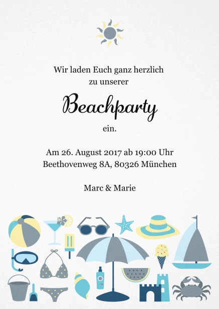 Einladungskarte zur Strandparty mit Sonne und lustigen Strandutensilien. Grau.