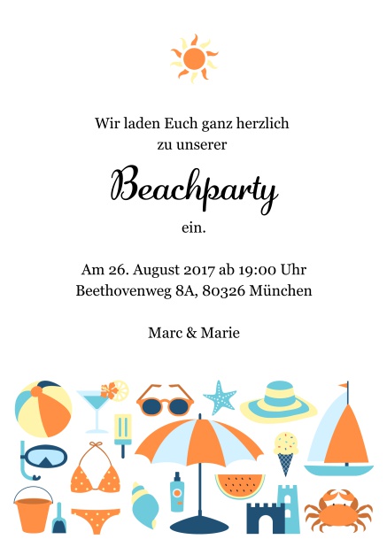 Online Einladungskarte zur Strandparty mit Sonne und lustigen Strandutensilien. Orange.