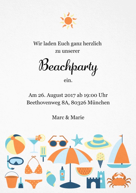 Einladungskarte zur Strandparty mit Sonne und lustigen Strandutensilien. Orange.