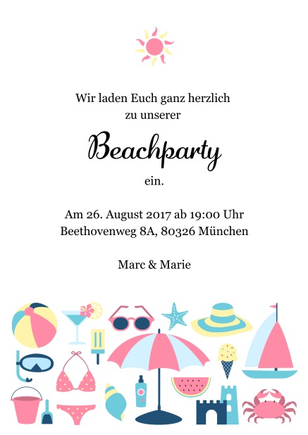 Online Einladungskarte zur Strandparty mit Sonne und lustigen Strandutensilien. Rosa.