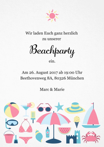 Einladungskarte zur Strandparty mit Sonne und lustigen Strandutensilien. Rosa.