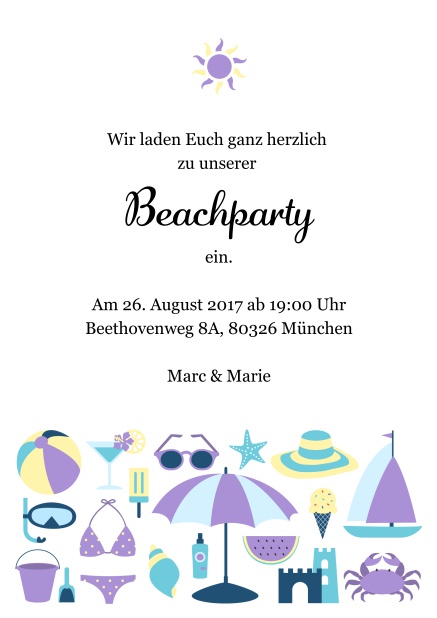 Online Einladungskarte zur Strandparty mit Sonne und lustigen Strandutensilien. Lila.