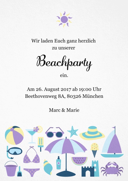 Einladungskarte zur Strandparty mit Sonne und lustigen Strandutensilien. Lila.