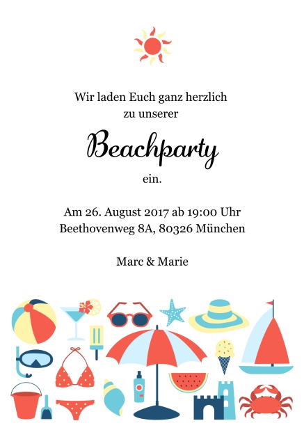 Online Einladungskarte zur Strandparty mit Sonne und lustigen Strandutensilien. Rot.