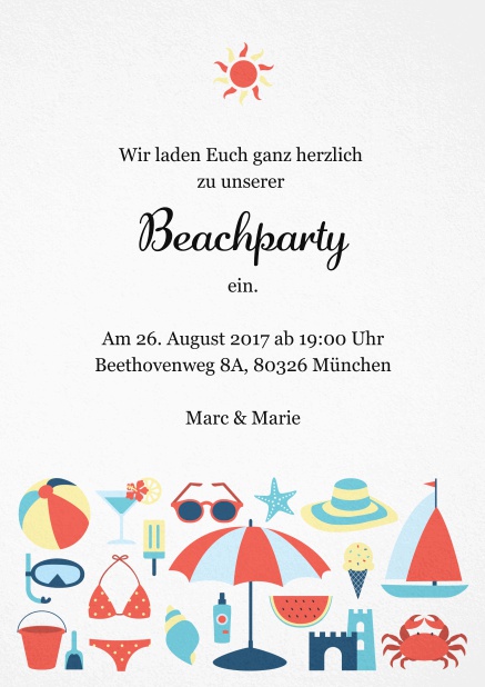 Einladungskarte zur Strandparty mit Sonne und lustigen Strandutensilien. Rot.