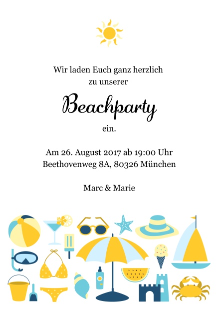 Online Einladungskarte zur Strandparty mit Sonne und lustigen Strandutensilien. Gelb.