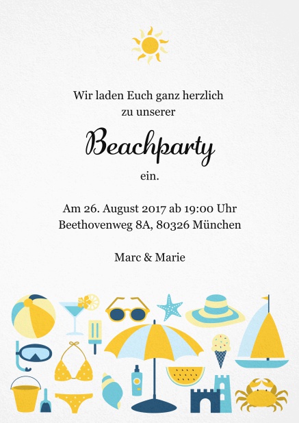 Einladungskarte zur Strandparty mit Sonne und lustigen Strandutensilien. Gelb.