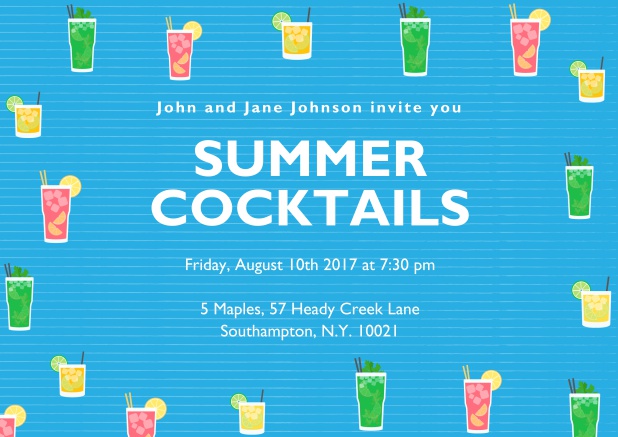cocktail and drinks Online invitation card with different color cocktail glasses.