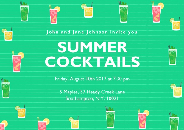 cocktail and drinks Online invitation card with different color cocktail glasses. Green.