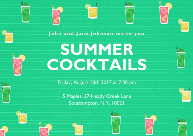 cocktail and drinks invitation card with different color cocktail glasses. Green.
