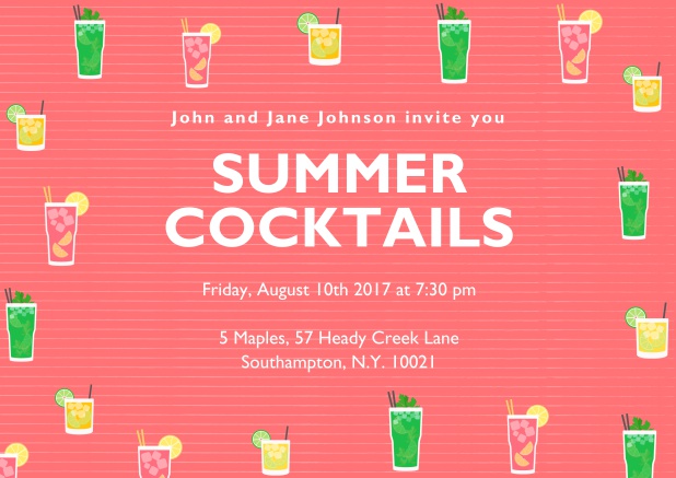 cocktail and drinks Online invitation card with different color cocktail glasses. Pink.