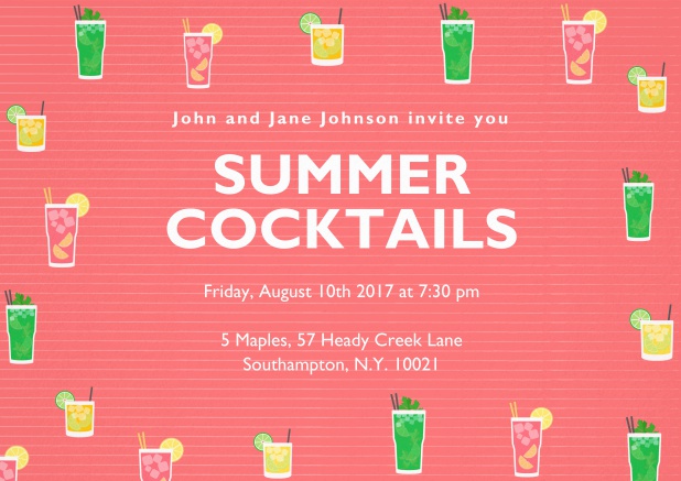cocktail and drinks invitation card with different color cocktail glasses. Pink.