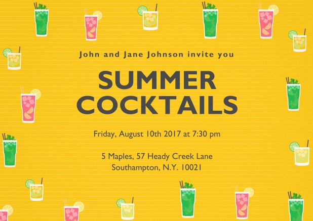 cocktail and drinks invitation card with different color cocktail glasses. Yellow.