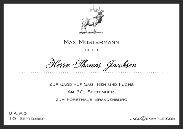 Online Jagdeinladungskarte mit starkem Hirsch und elegantem Rand. Schwarz.