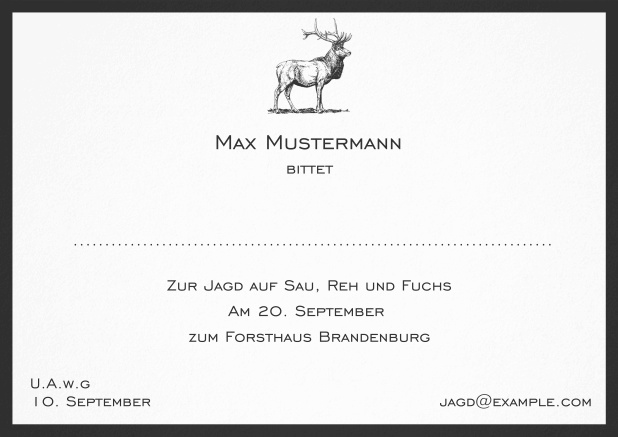 Jagdeinladungskarte mit starkem Hirsch und elegantem Rand. Schwarz.