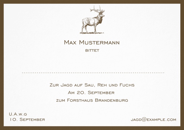 Jagdeinladungskarte mit starkem Hirsch und elegantem Rand. Braun.