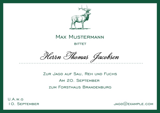 Online Jagdeinladungskarte mit starkem Hirsch und elegantem Rand. Grün.