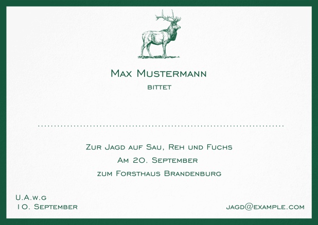 Jagdeinladungskarte mit starkem Hirsch und elegantem Rand. Grün.