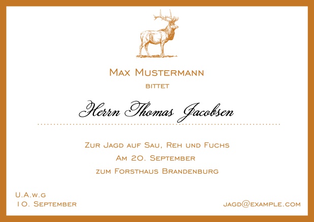 Online Jagdeinladungskarte mit starkem Hirsch und elegantem Rand. Orange.