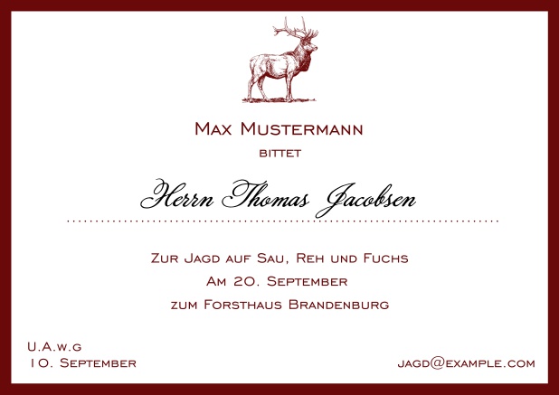 Online Jagdeinladungskarte mit starkem Hirsch und elegantem Rand. Rot.