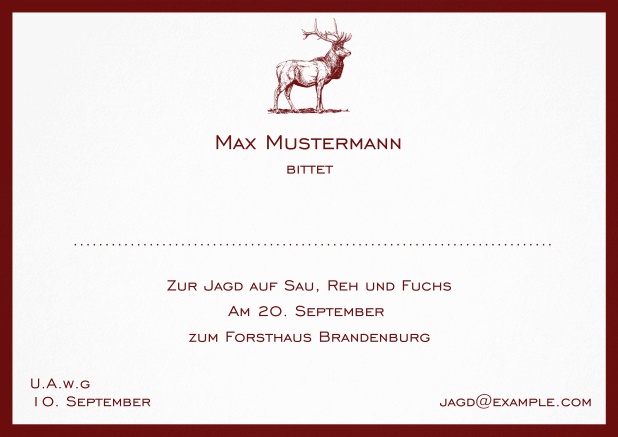 Jagdeinladungskarte mit starkem Hirsch und elegantem Rand. Rot.