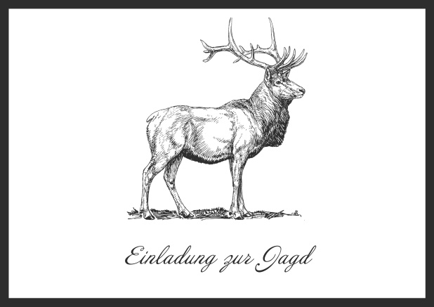 Online Hunting invitation card with illustrated strong stag on the front. Black.