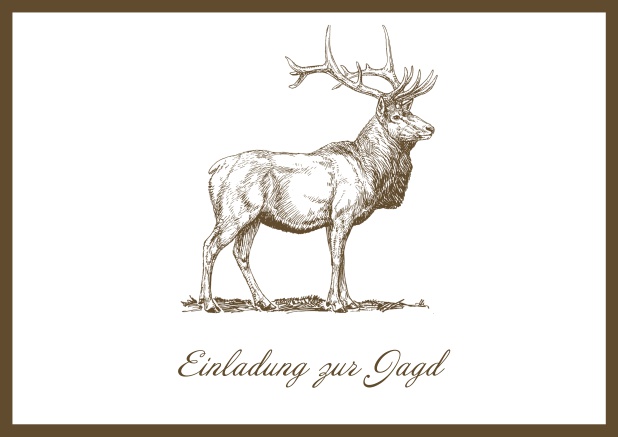 Online Hunting invitation card with illustrated strong stag on the front. Brown.