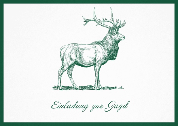 Hunting invitation card with illustrated strong stag on the front. Green.
