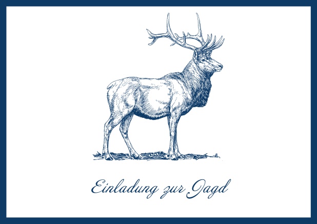 Online Hunting invitation card with illustrated strong stag on the front. Navy.