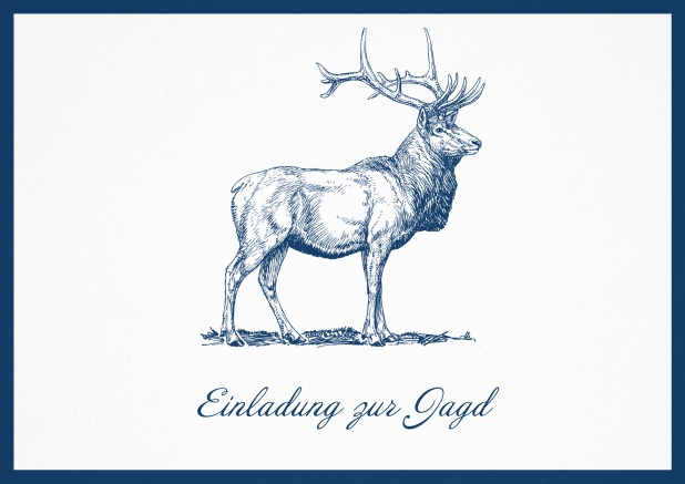 Hunting invitation card with illustrated strong stag on the front. Navy.