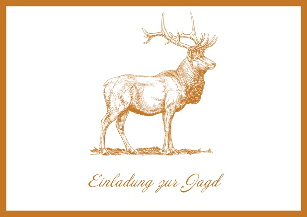 Online Hunting invitation card with illustrated strong stag on the front. Orange.