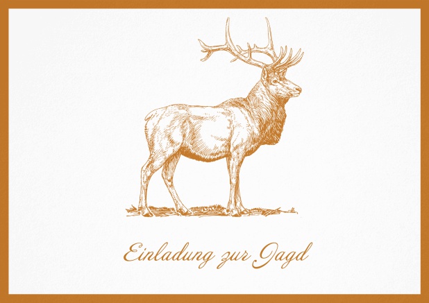 Hunting invitation card with illustrated strong stag on the front. Orange.