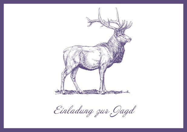 Online Hunting invitation card with illustrated strong stag on the front. Purple.