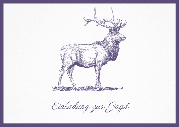 Hunting invitation card with illustrated strong stag on the front. Purple.