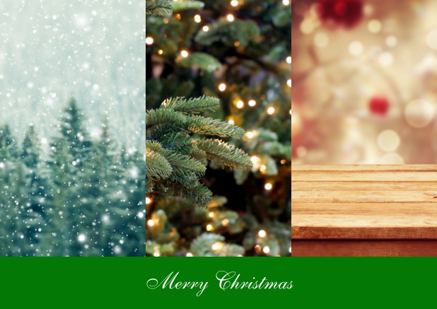 Online Christmas card for sale inluding three Christmas images, snowy trees, christmas lights and decor Green.