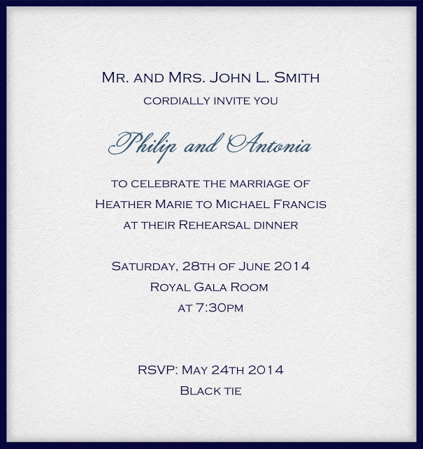 Customize this classic online invitation card with fine frame and optional personal addressing of your recipients. Navy.