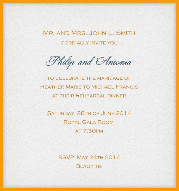Customize this classic online invitation card with fine frame and optional personal addressing of your recipients. Orange.