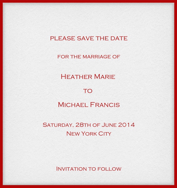 Customizable Online classic save the date card with fine frame in color of choice. Red.