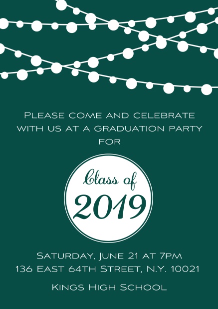Class of 2019 graduation online invitation card with party lanterns. Green.