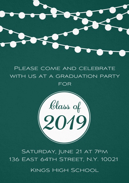 Class of 2019 graduation invitation card with party lanterns. Green.